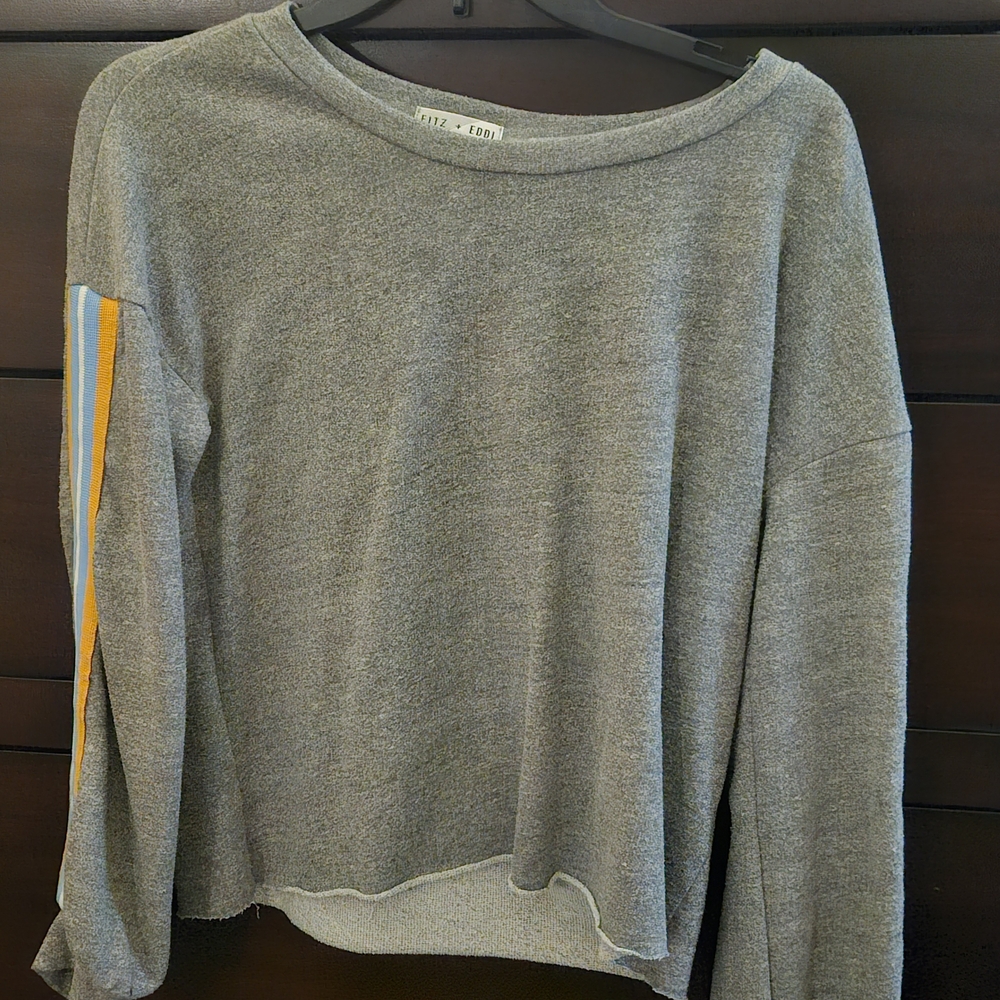 Gray Knit Crewneck Sweater with Stripe Detail